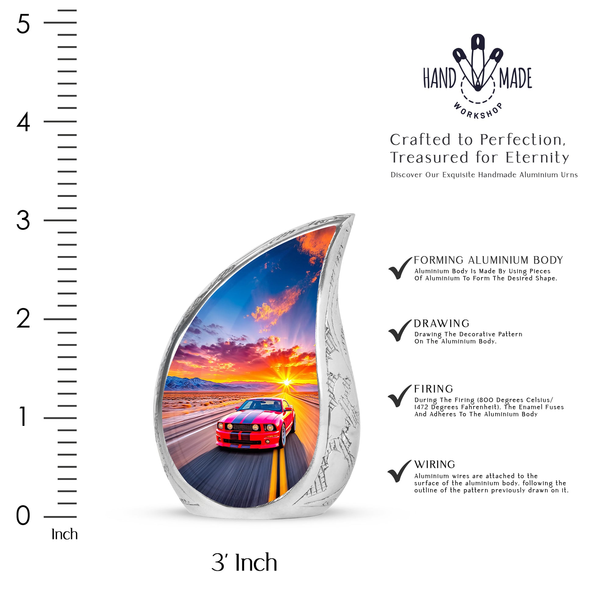 Rose Pink Car Cremation Urn angled view of lid and engraved motif - rounded teardrop car design with delicate detail - mini keepsake memorial for portion of cremation ashes