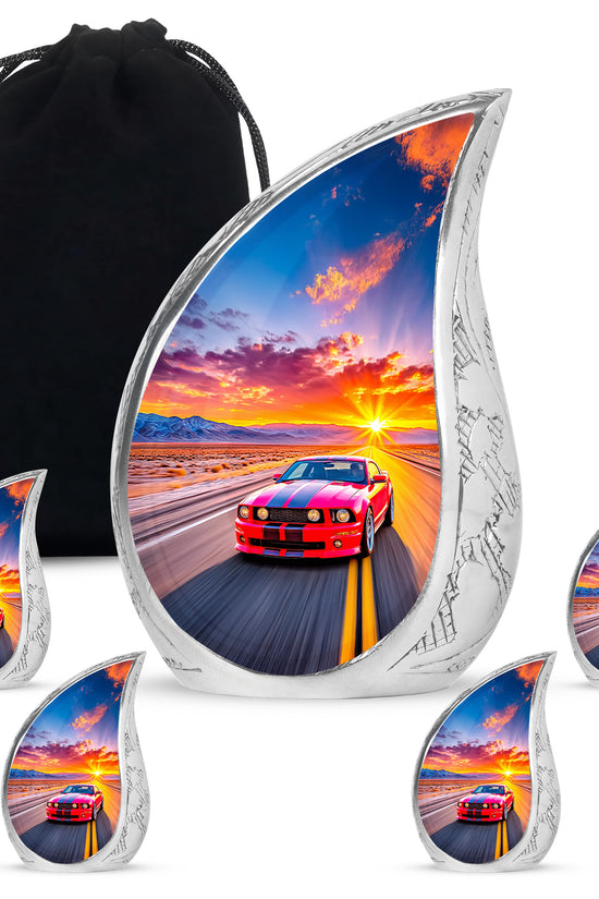 Peony Pink Car Cremation Urn side profile showing urn shape - flowing teardrop car silhouette on curved aluminum - memorial set with one large and four small urns