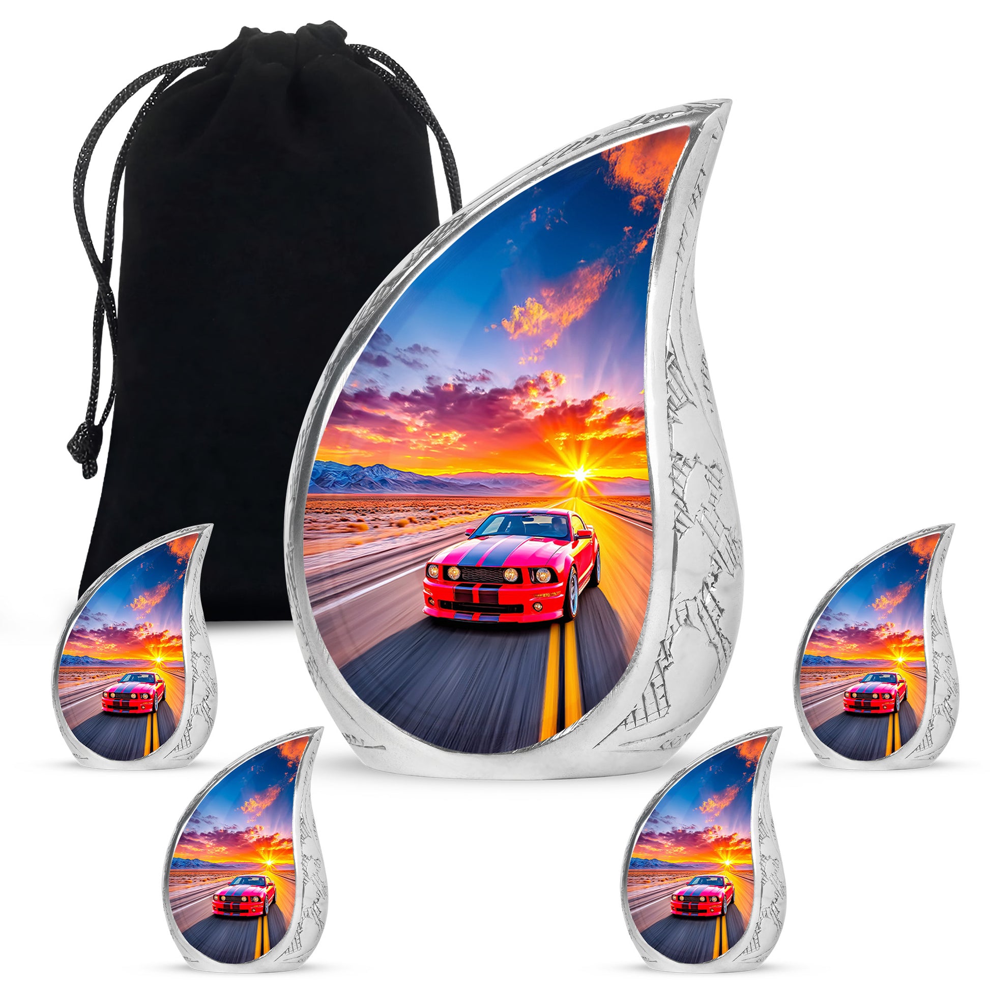 Peony Pink Car Cremation Urn side profile showing urn shape - flowing teardrop car silhouette on curved aluminum - memorial set with one large and four small urns