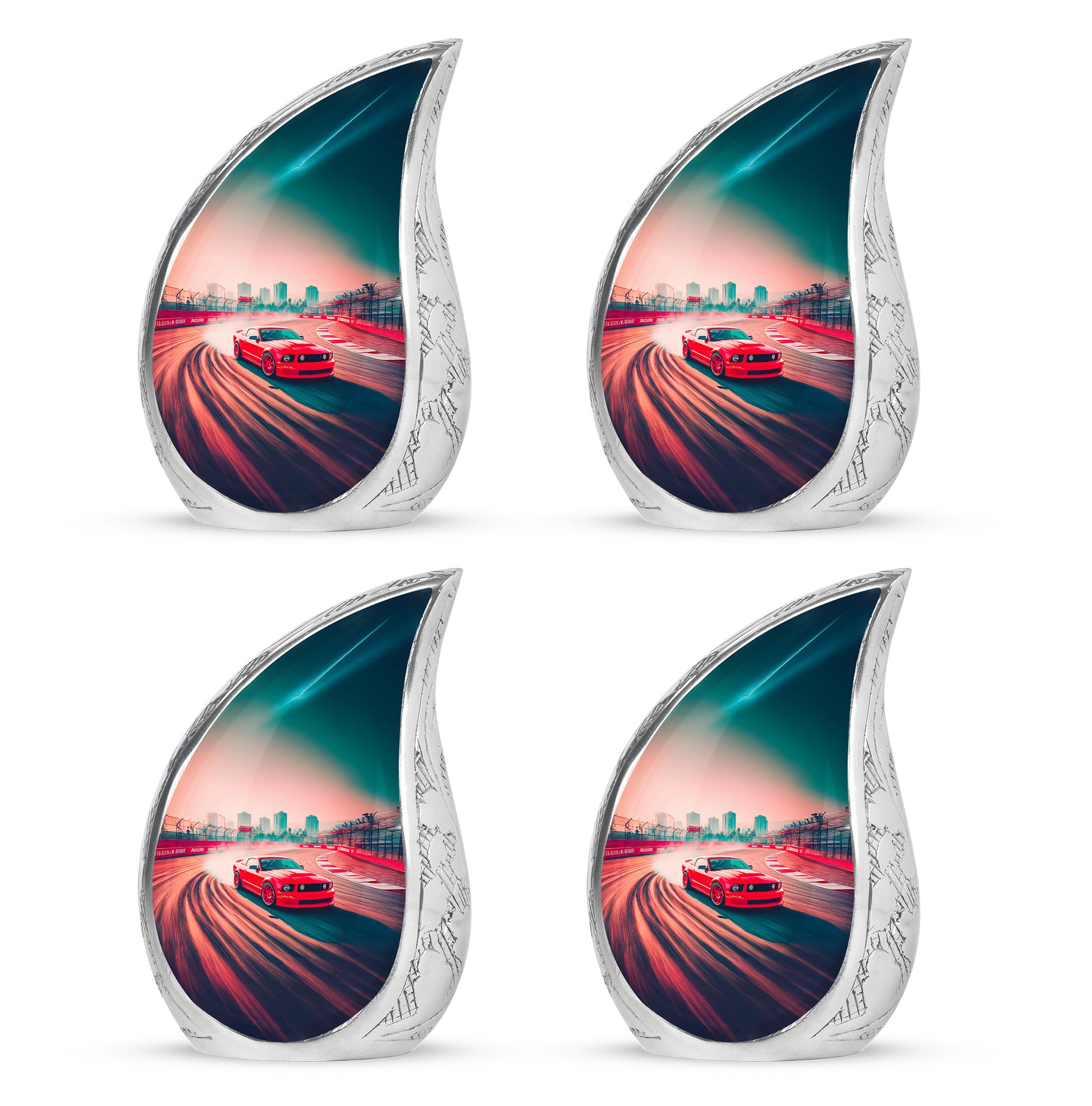 Cherry Red Car Cremation Urn close-up of engraving and surface detail - graceful tear-shaped urn with car motif - 10 inch aluminum urn for cremated remains