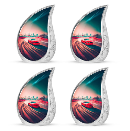 Cherry Red Car Cremation Urn close-up of engraving and surface detail - graceful tear-shaped urn with car motif - 10 inch aluminum urn for cremated remains