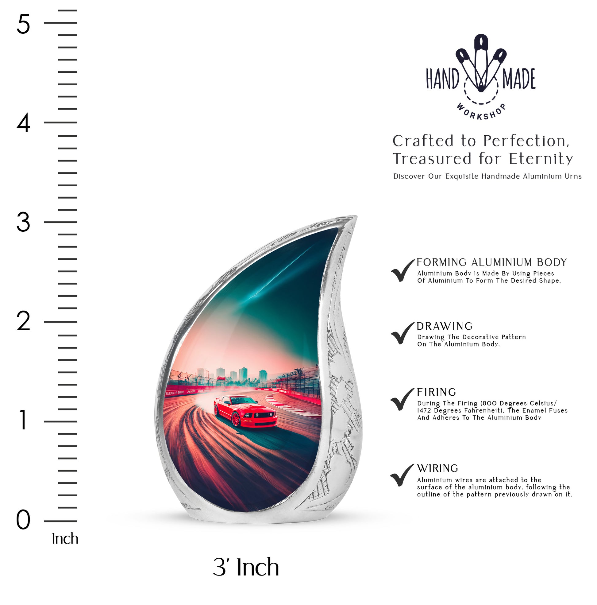 Ruby Red Car Cremation Urn angled view of lid and engraved motif - graceful tear-shaped urn with car motif - mini keepsake memorial for portion of cremation ashes