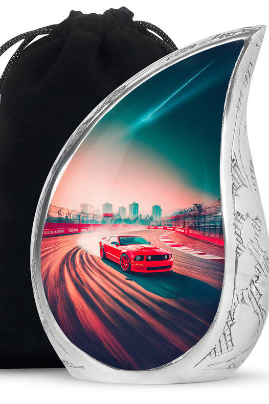 Garnet Red Car Cremation Urn front view showing detailed design - flowing teardrop car silhouette on curved aluminum - full-size 10 inch 200 cubic inch adult cremation urn