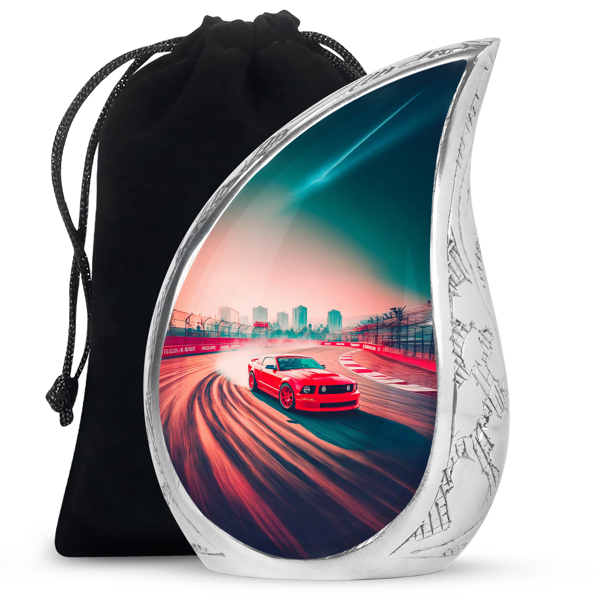 Garnet Red Car Cremation Urn front view showing detailed design - flowing teardrop car silhouette on curved aluminum - full-size 10 inch 200 cubic inch adult cremation urn