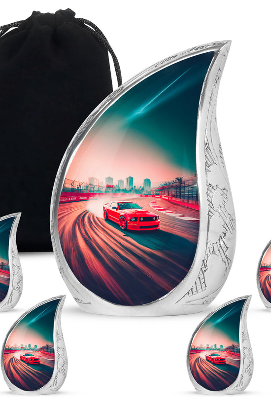 Fiery Red Car Cremation Urn side profile showing urn shape - graceful tear-shaped urn with car motif - memorial set with one large and four small urns