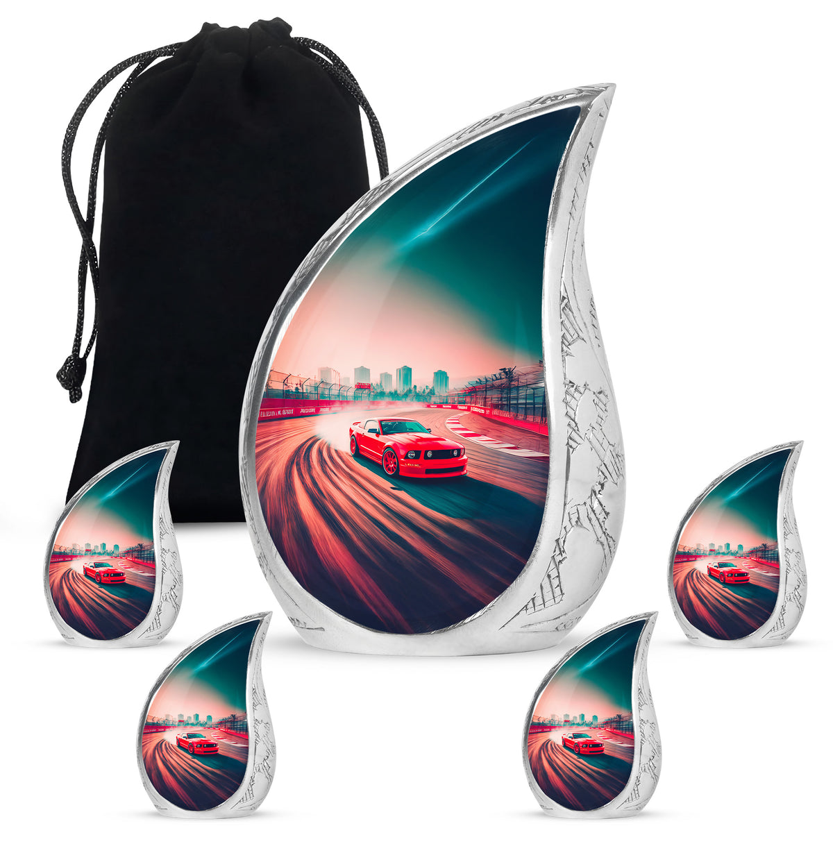 Fiery Red Car Cremation Urn side profile showing urn shape - graceful tear-shaped urn with car motif - memorial set with one large and four small urns