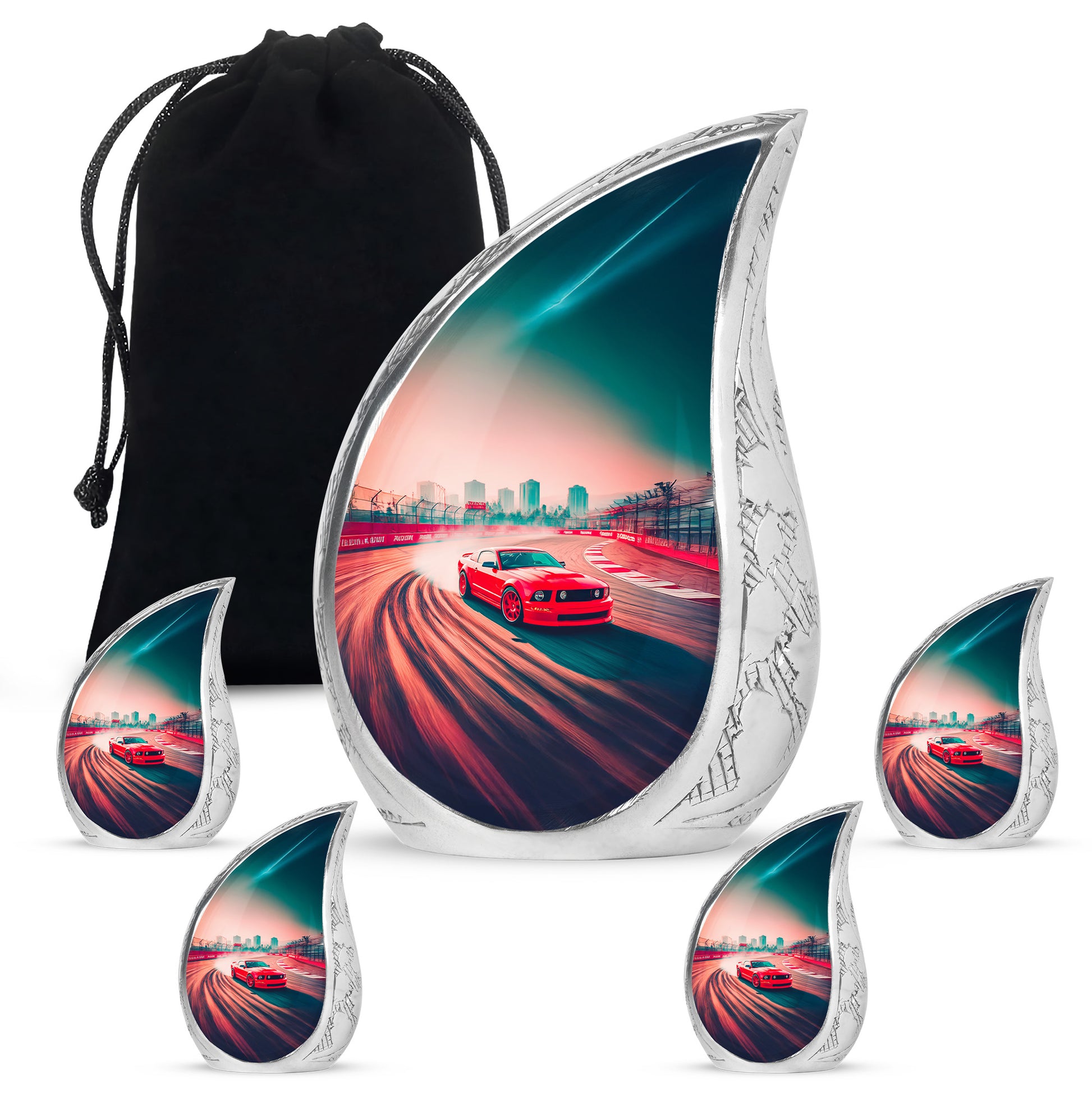 Fiery Red Car Cremation Urn side profile showing urn shape - graceful tear-shaped urn with car motif - memorial set with one large and four small urns