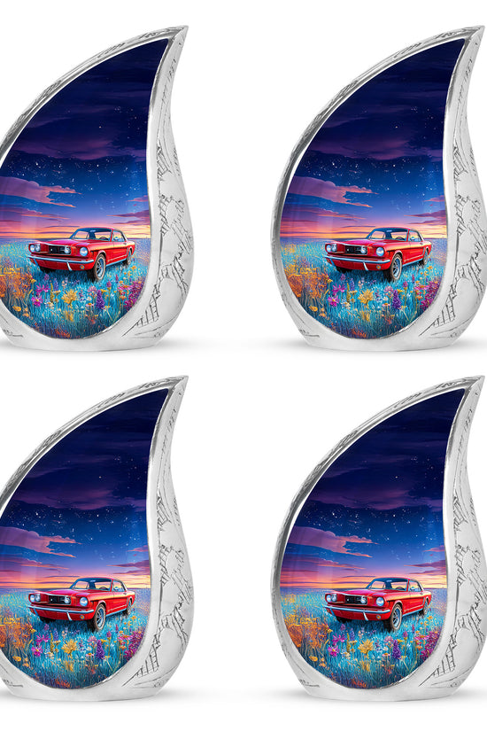 Navy Blue Car Cremation Urn close-up of engraving and surface detail - rounded teardrop car design with delicate detail - 10 inch aluminum urn for cremated remains