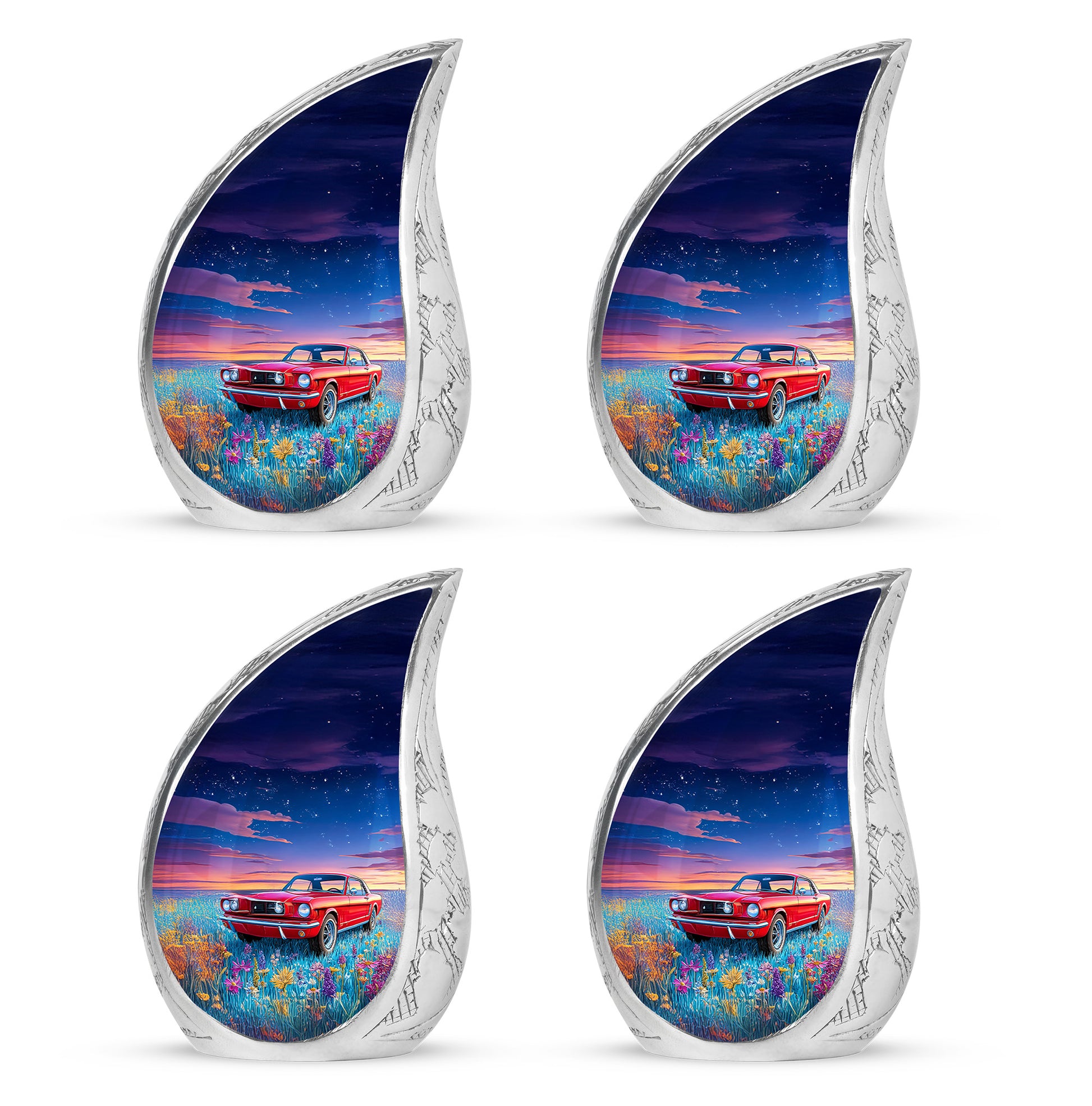 Navy Blue Car Cremation Urn close-up of engraving and surface detail - rounded teardrop car design with delicate detail - 10 inch aluminum urn for cremated remains