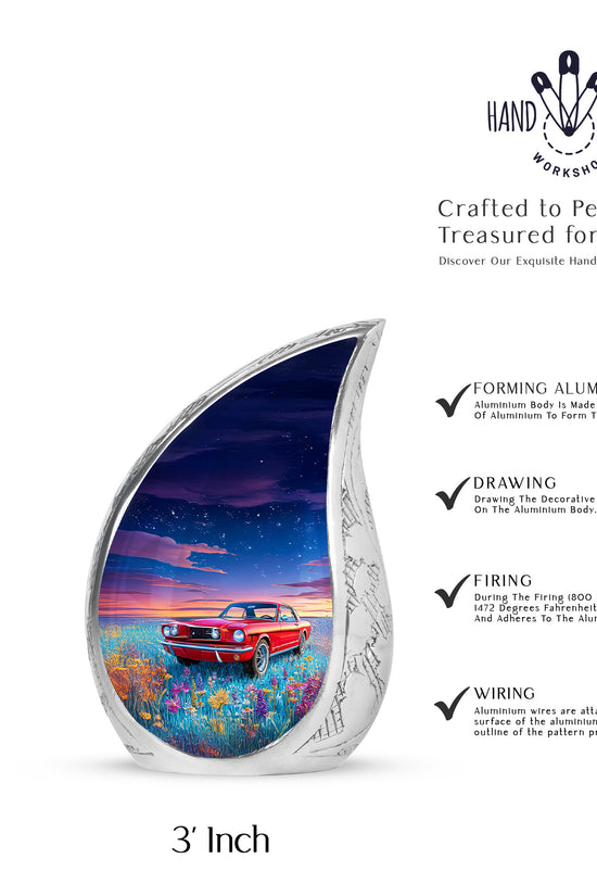 Icy Blue Car Cremation Urn angled view of lid and engraved motif - flowing teardrop car silhouette on curved aluminum - mini keepsake memorial for portion of cremation ashes