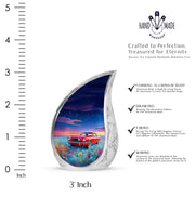 Icy Blue Car Cremation Urn angled view of lid and engraved motif - flowing teardrop car silhouette on curved aluminum - mini keepsake memorial for portion of cremation ashes