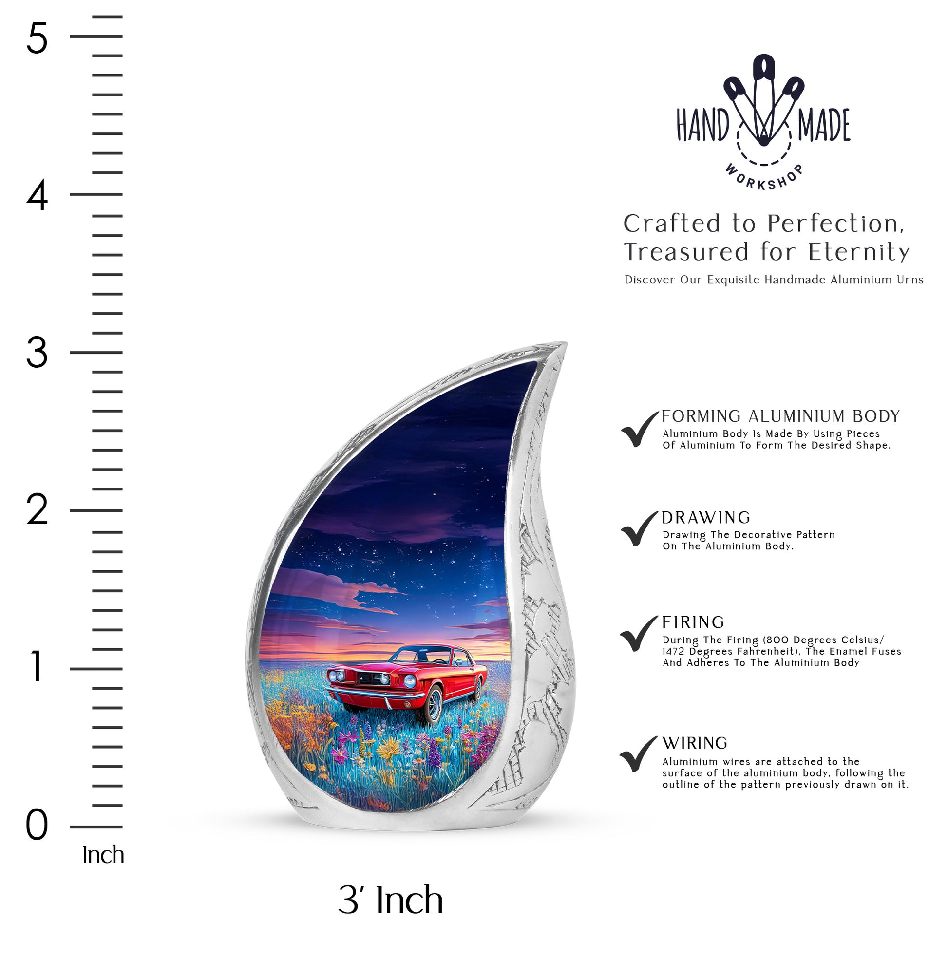 Icy Blue Car Cremation Urn angled view of lid and engraved motif - flowing teardrop car silhouette on curved aluminum - mini keepsake memorial for portion of cremation ashes