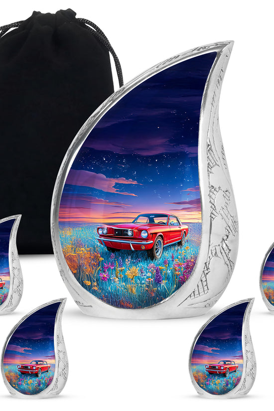 Misty Blue Car Cremation Urn side profile showing urn shape - rounded teardrop car design with delicate detail - memorial set with one large and four small urns