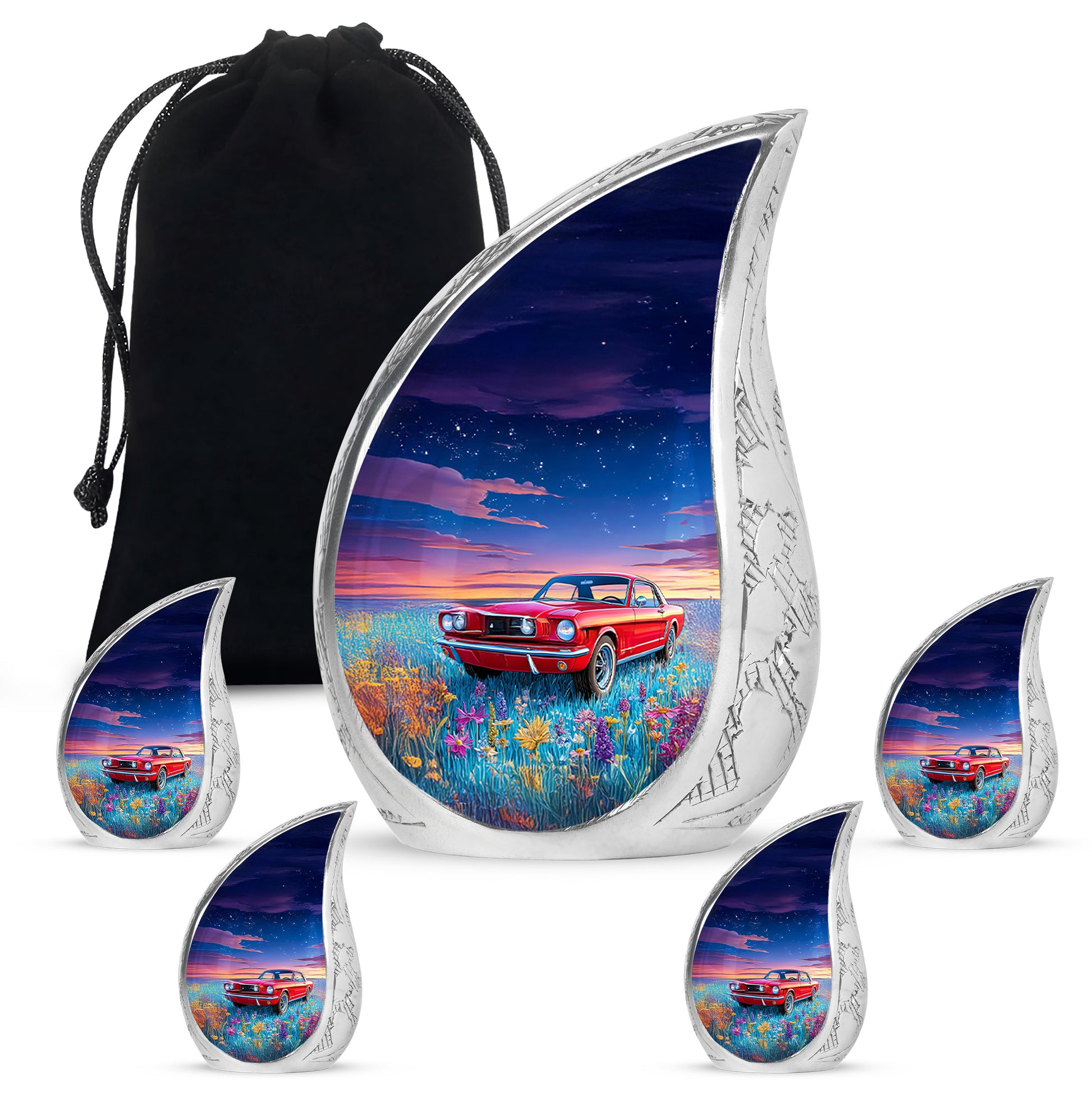 Misty Blue Car Cremation Urn side profile showing urn shape - rounded teardrop car design with delicate detail - memorial set with one large and four small urns