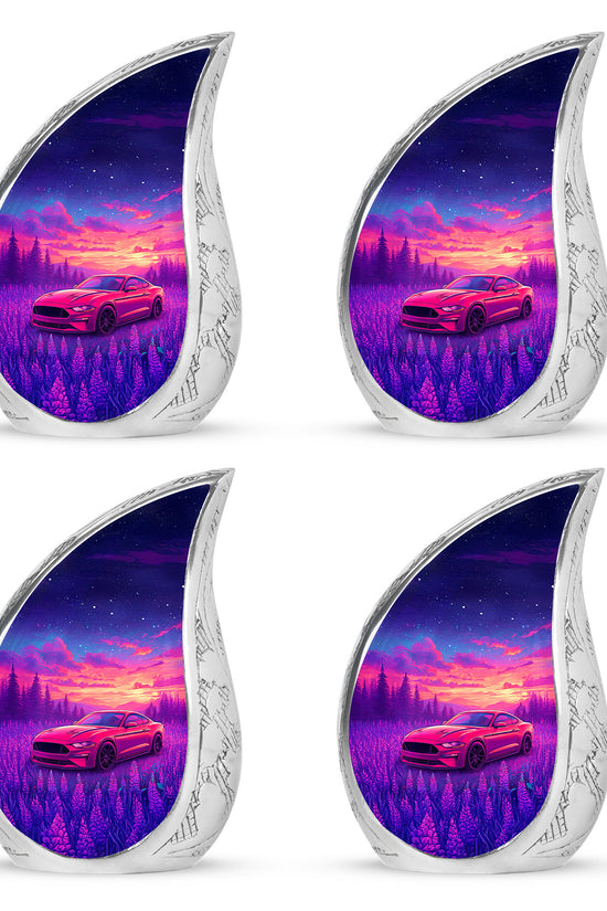 Royal Blue Car Cremation Urn close-up of engraving and surface detail - smooth teardrop contour featuring car art - 10 inch aluminum urn for cremated remains