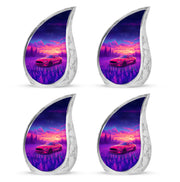 Royal Blue Car Cremation Urn close-up of engraving and surface detail - smooth teardrop contour featuring car art - 10 inch aluminum urn for cremated remains