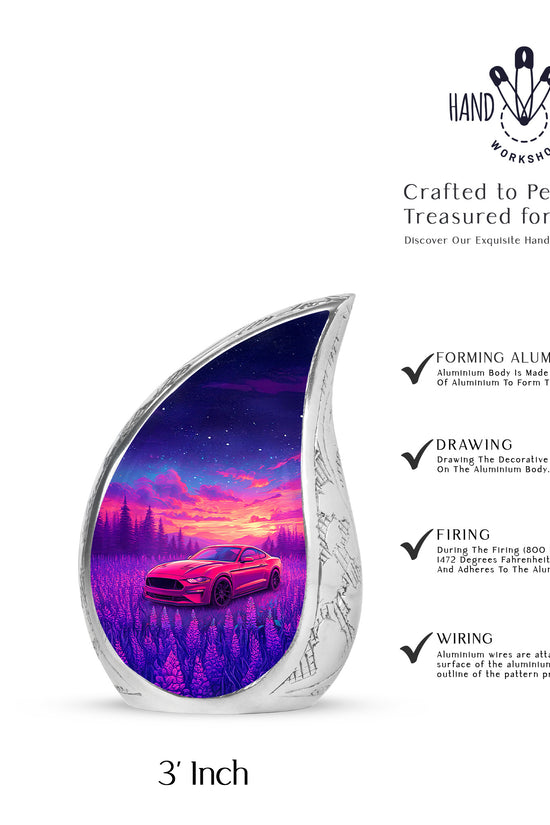 Serene Blue Car Cremation Urn angled view of lid and engraved motif - smooth teardrop contour featuring car art - mini keepsake memorial for portion of cremation ashes