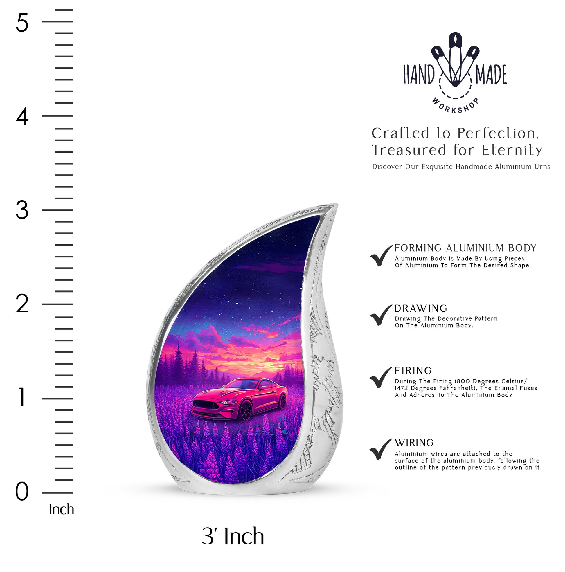 Serene Blue Car Cremation Urn angled view of lid and engraved motif - smooth teardrop contour featuring car art - mini keepsake memorial for portion of cremation ashes