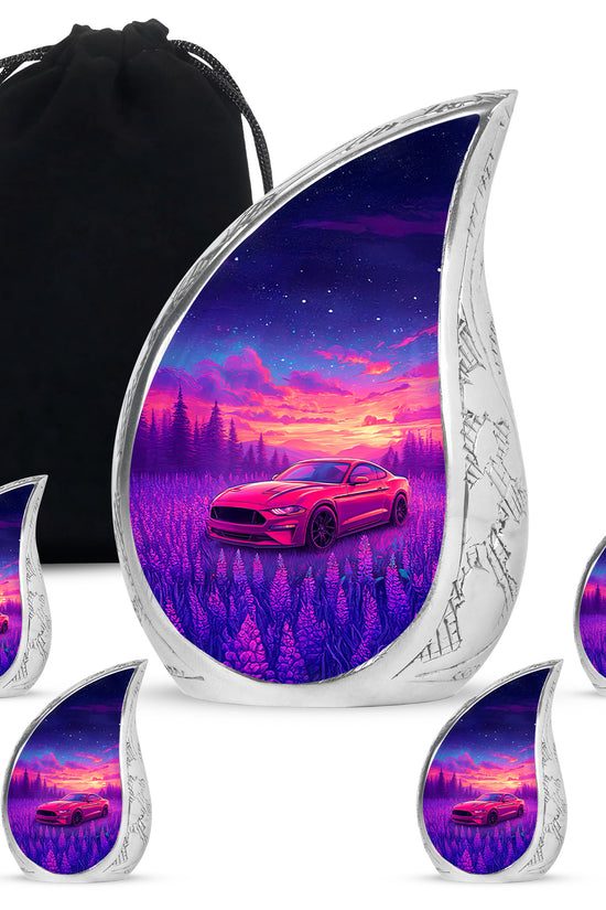 Sky Blue Car Cremation Urn side profile showing urn shape - rounded teardrop car design with delicate detail - memorial set with one large and four small urns