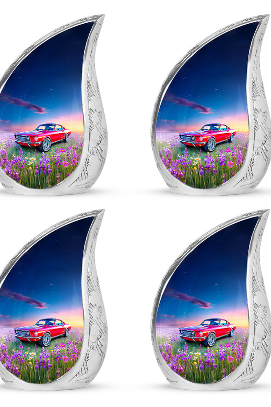 Navy Blue Car Cremation Urn close-up of engraving and surface detail - rounded teardrop car design with delicate detail - 10 inch aluminum urn for cremated remains