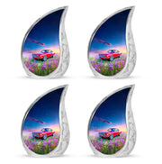 Navy Blue Car Cremation Urn close-up of engraving and surface detail - rounded teardrop car design with delicate detail - 10 inch aluminum urn for cremated remains