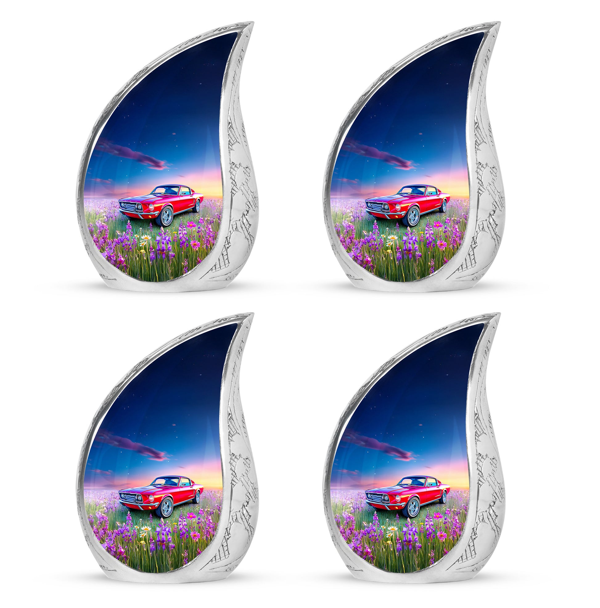 Navy Blue Car Cremation Urn close-up of engraving and surface detail - rounded teardrop car design with delicate detail - 10 inch aluminum urn for cremated remains
