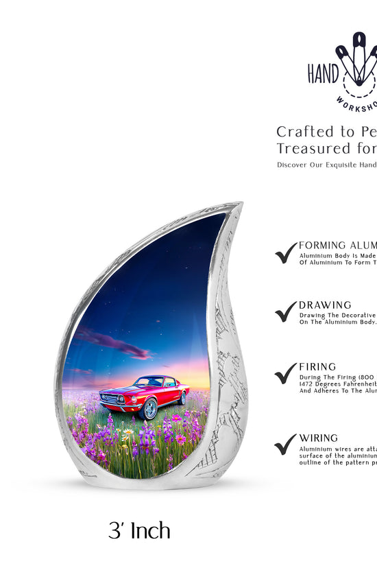 Misty Blue Car Cremation Urn angled view of lid and engraved motif - flowing teardrop car silhouette on curved aluminum - mini keepsake memorial for portion of cremation ashes