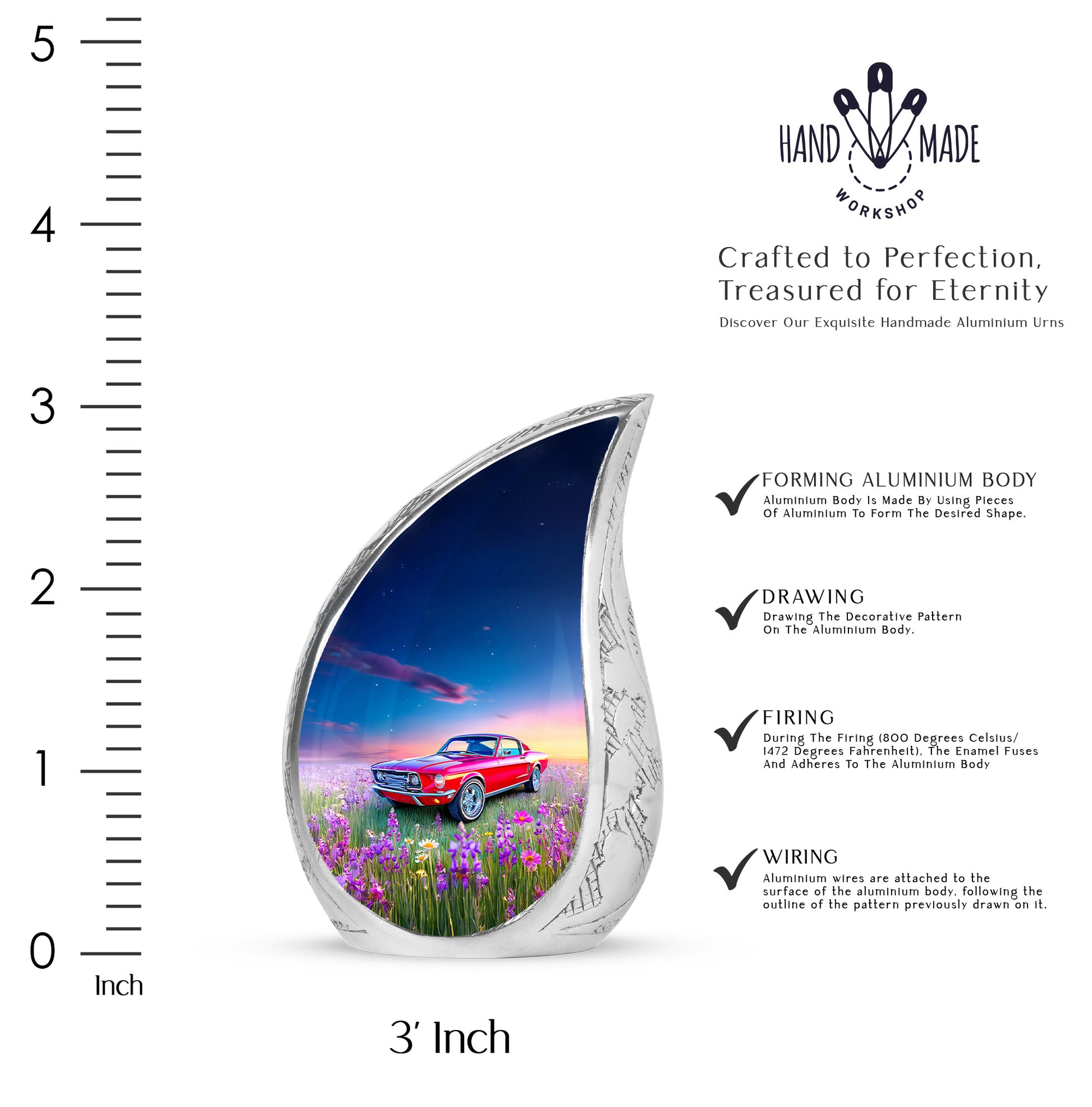 Misty Blue Car Cremation Urn angled view of lid and engraved motif - flowing teardrop car silhouette on curved aluminum - mini keepsake memorial for portion of cremation ashes