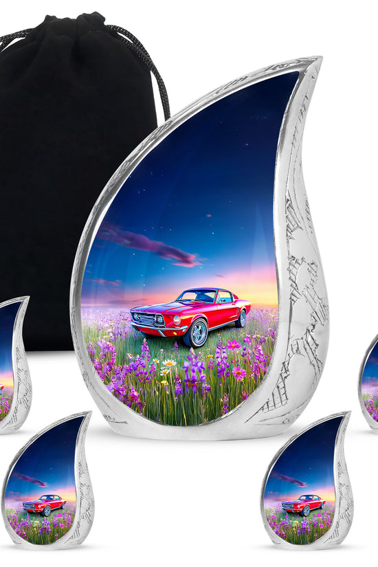 Icy Blue Car Cremation Urn side profile showing urn shape - rounded teardrop car design with delicate detail - memorial set with one large and four small urns