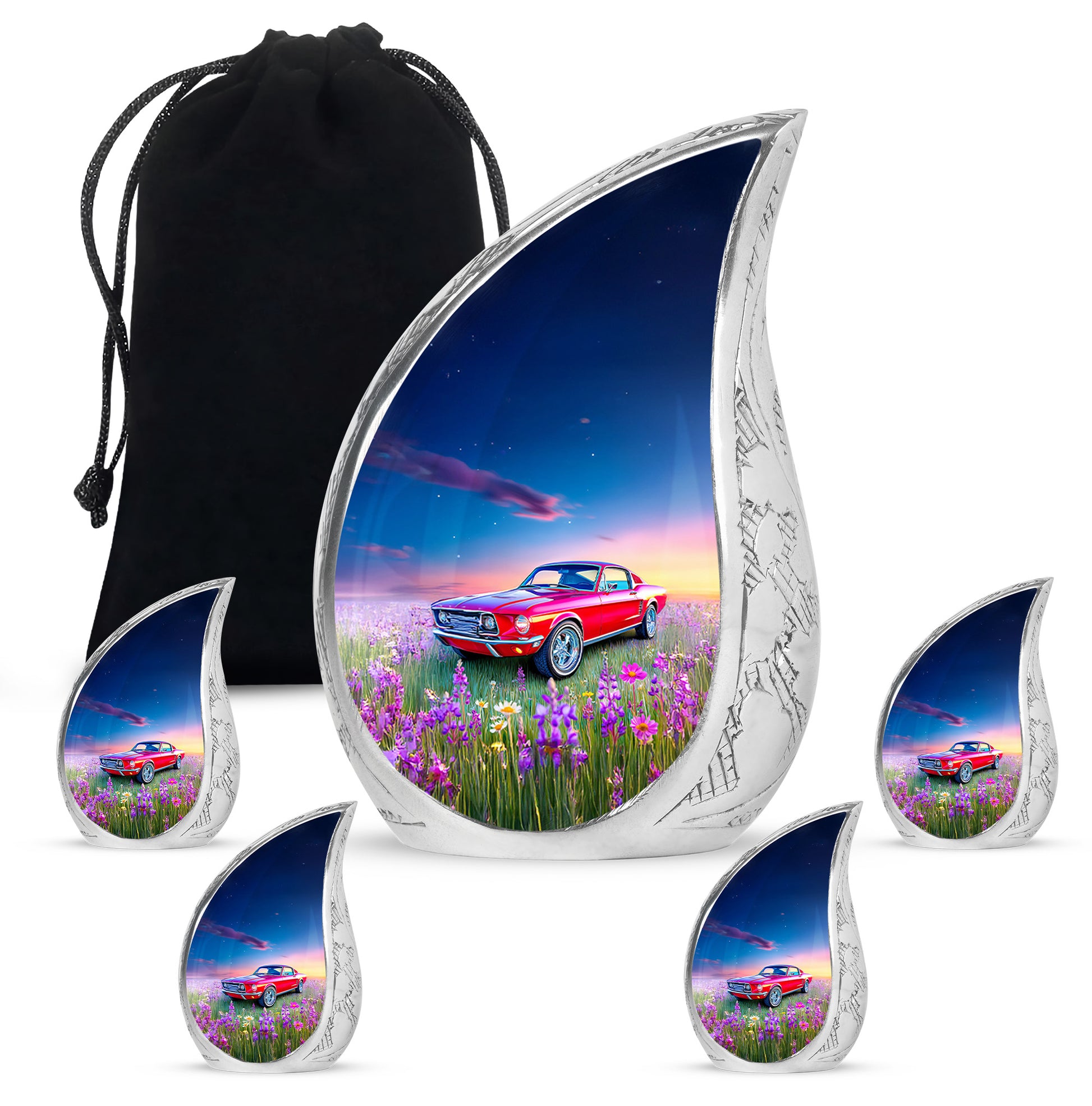 Icy Blue Car Cremation Urn side profile showing urn shape - rounded teardrop car design with delicate detail - memorial set with one large and four small urns