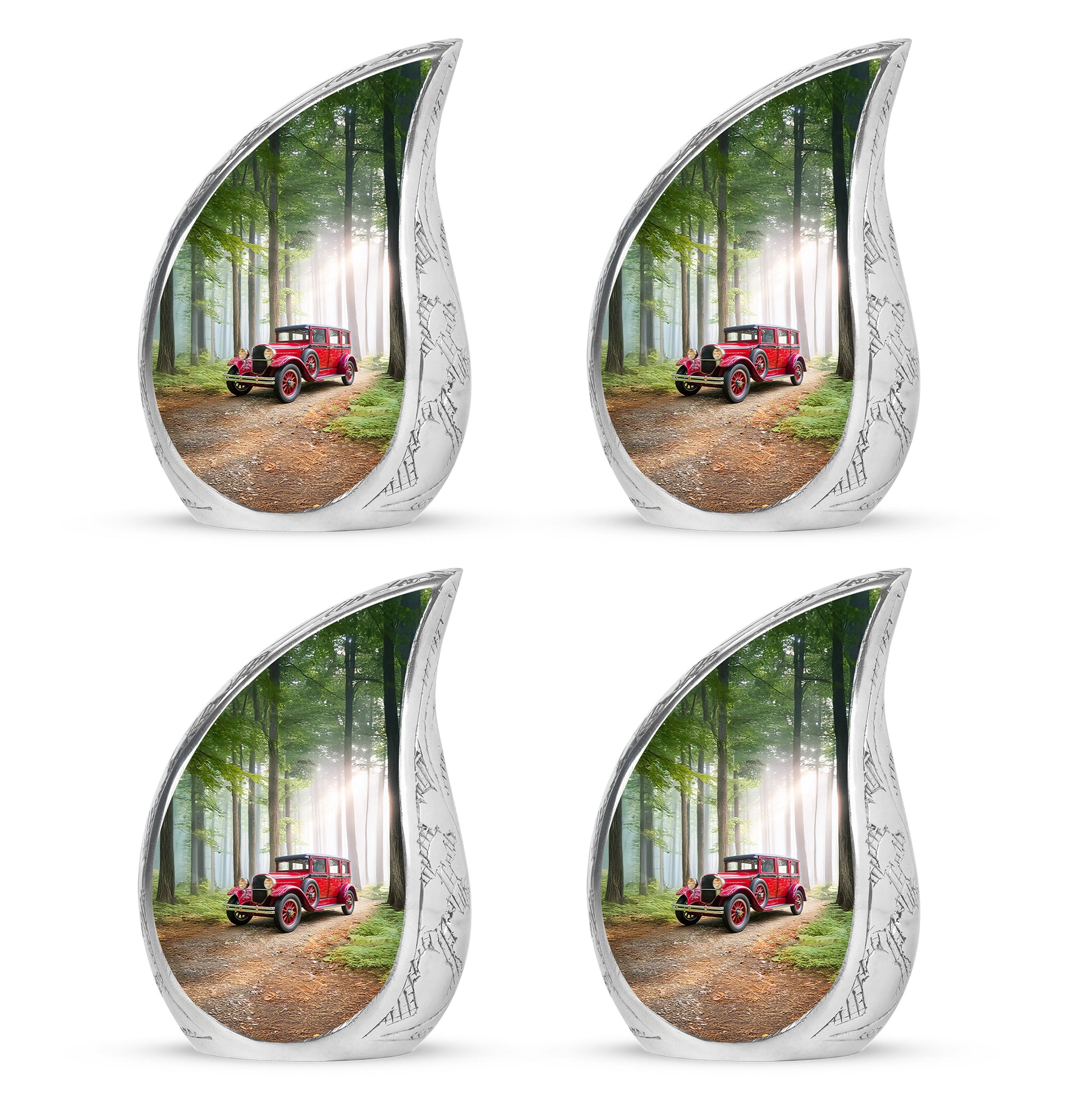 Pine Green Car Cremation Urn close-up of engraving and surface detail - graceful tear-shaped urn with car motif - 10 inch aluminum urn for cremated remains