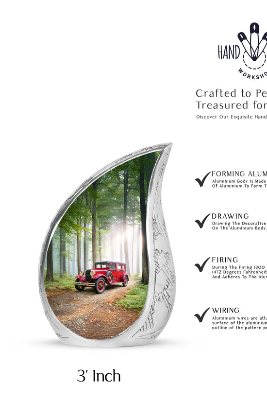 Olive Green Car Cremation Urn angled view of lid and engraved motif - smooth teardrop contour featuring car art - mini keepsake memorial for portion of cremation ashes