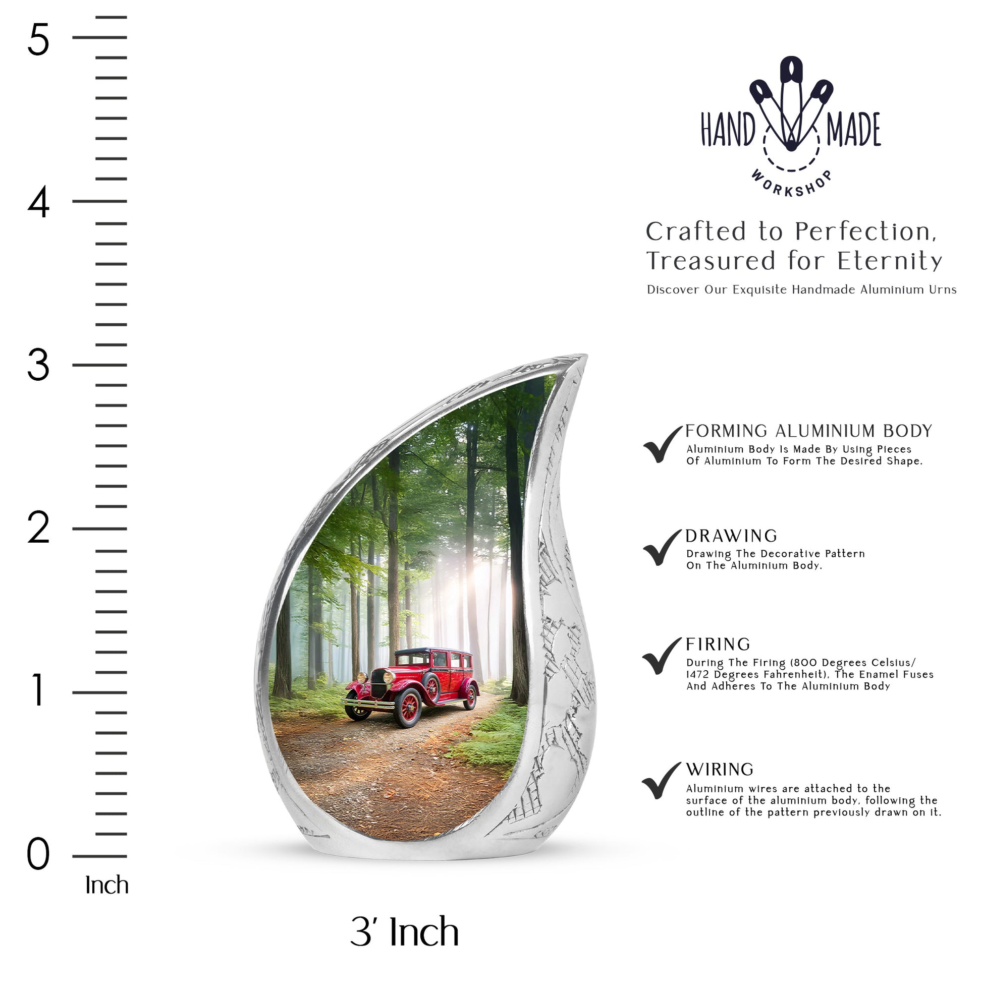 Olive Green Car Cremation Urn angled view of lid and engraved motif - smooth teardrop contour featuring car art - mini keepsake memorial for portion of cremation ashes