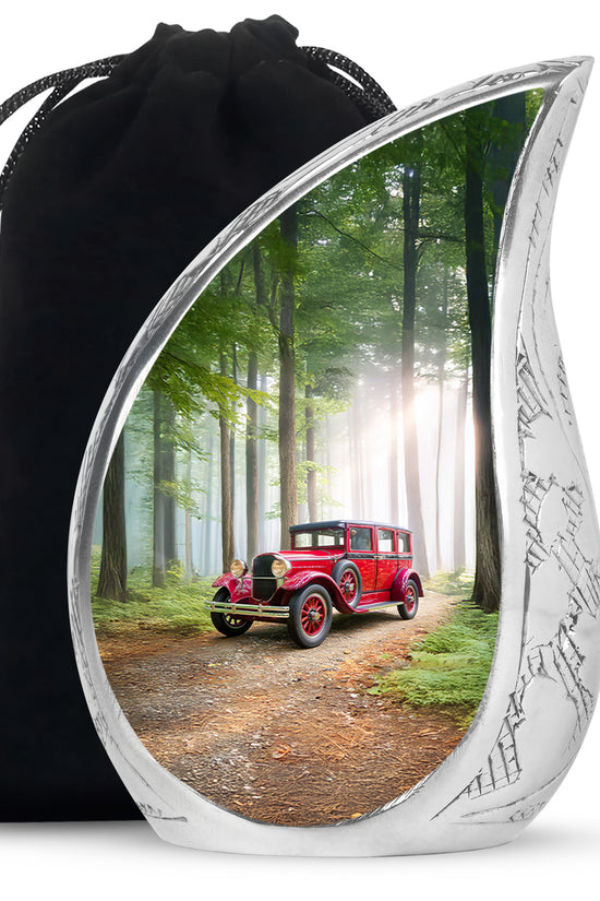 Red Antique Car Cremation Urn - Scenic Forest Memorial Urn For Loved Ones