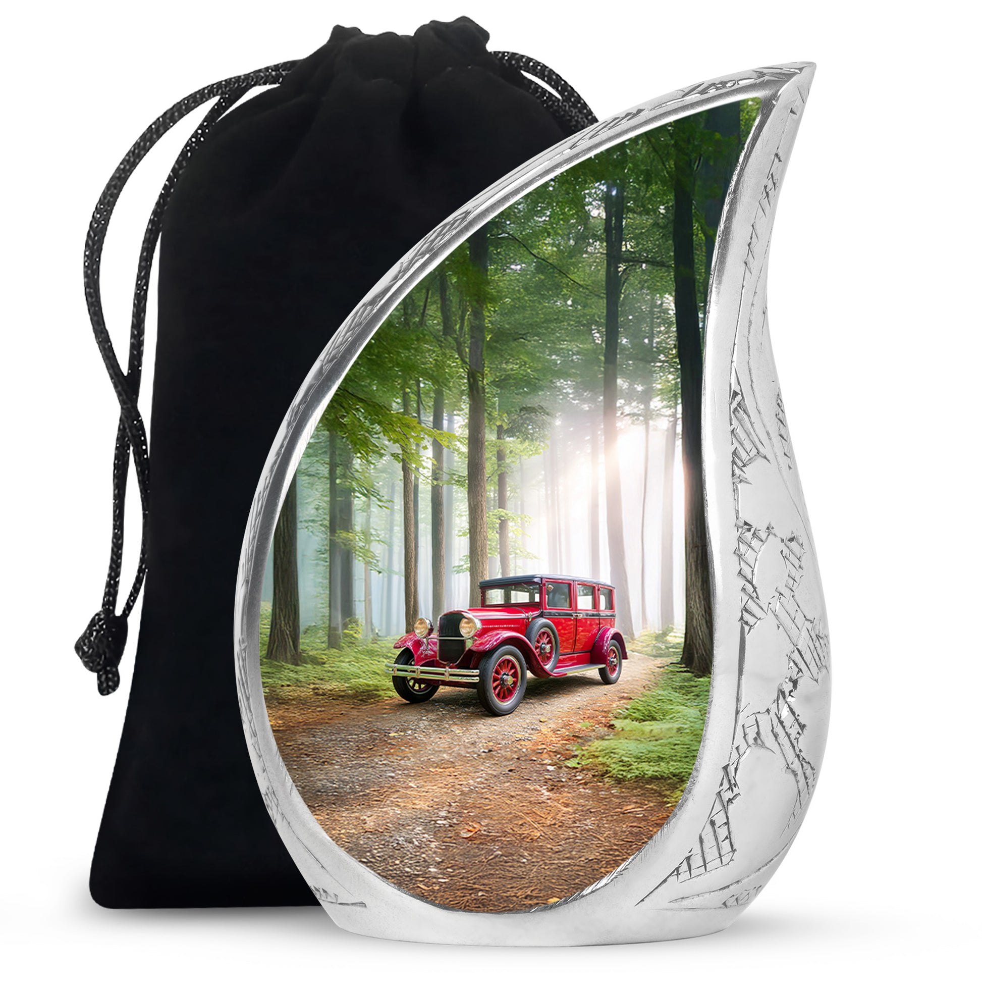 Red Antique Car Cremation Urn - Scenic Forest Memorial Urn For Loved Ones