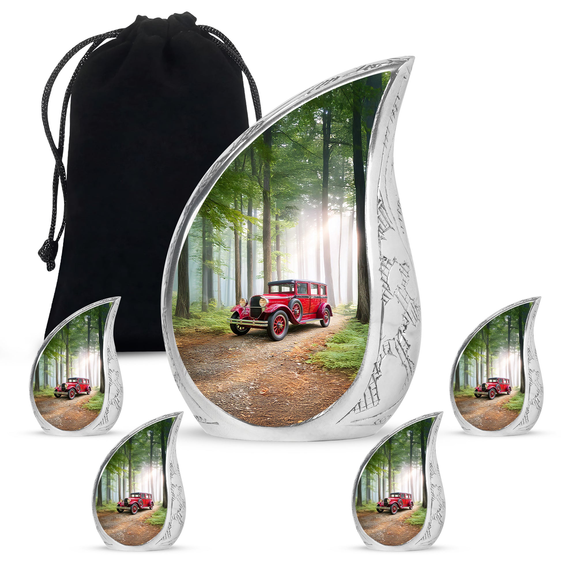 Jade Green Car Cremation Urn side profile showing urn shape - flowing teardrop car silhouette on curved aluminum - memorial set with one large and four small urns