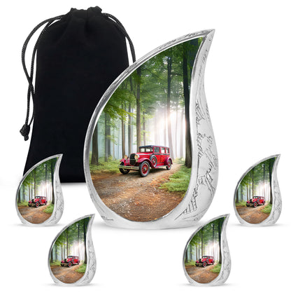 Jade Green Car Cremation Urn side profile showing urn shape - flowing teardrop car silhouette on curved aluminum - memorial set with one large and four small urns