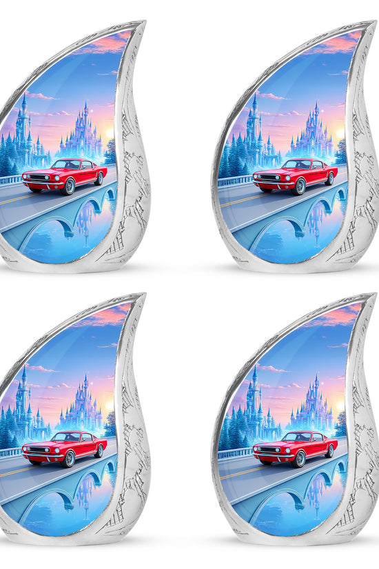 Cobalt Blue Car Cremation Urn close-up of engraving and surface detail - graceful tear-shaped urn with car motif - 10 inch aluminum urn for cremated remains