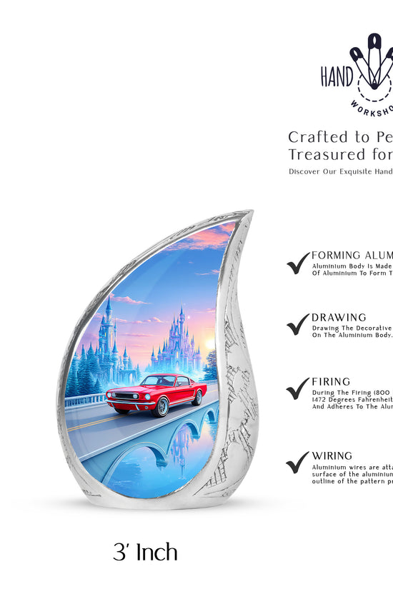 Bright Blue Car Cremation Urn angled view of lid and engraved motif - graceful tear-shaped urn with car motif - mini keepsake memorial for portion of cremation ashes