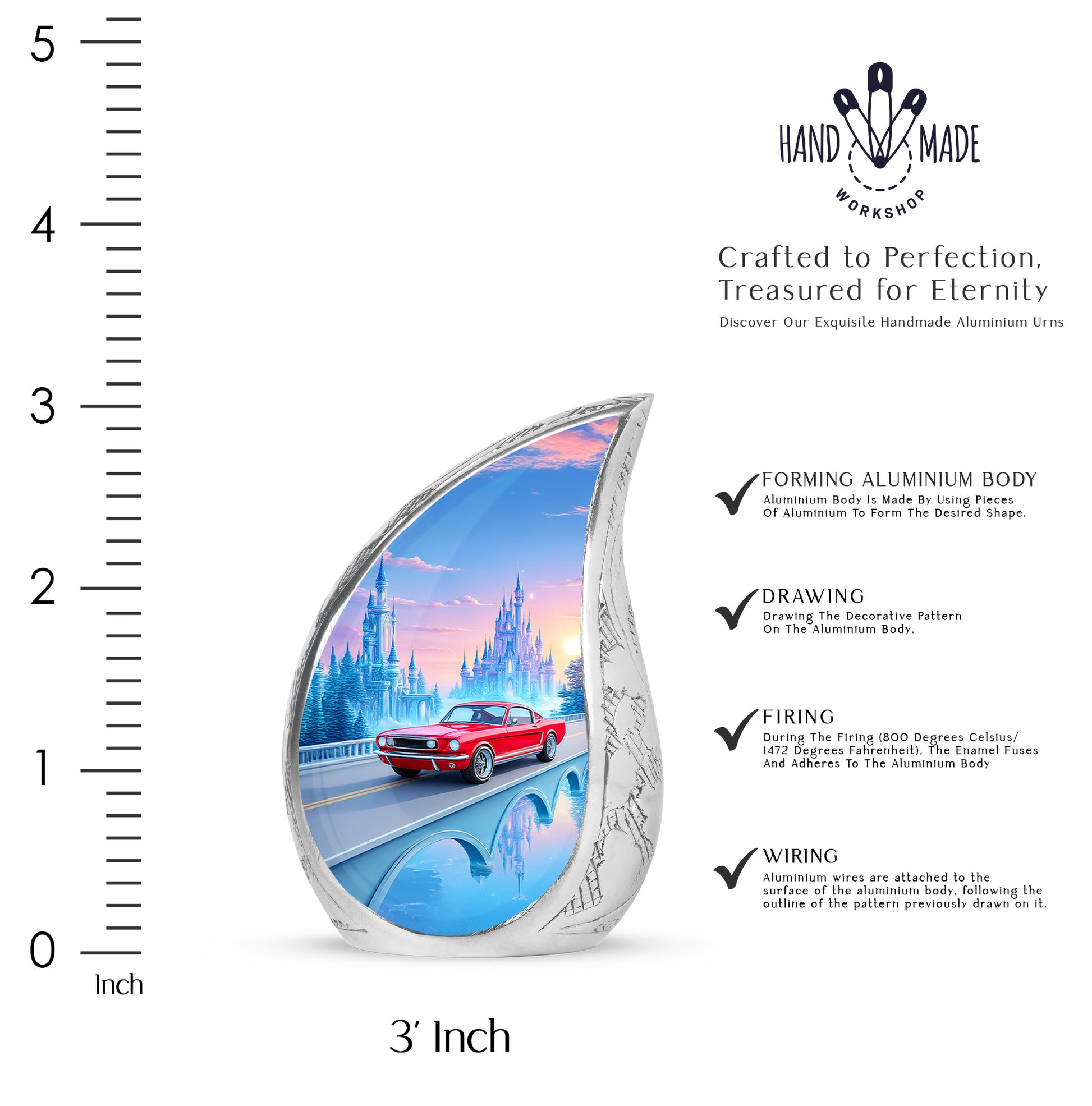 Bright Blue Car Cremation Urn angled view of lid and engraved motif - graceful tear-shaped urn with car motif - mini keepsake memorial for portion of cremation ashes