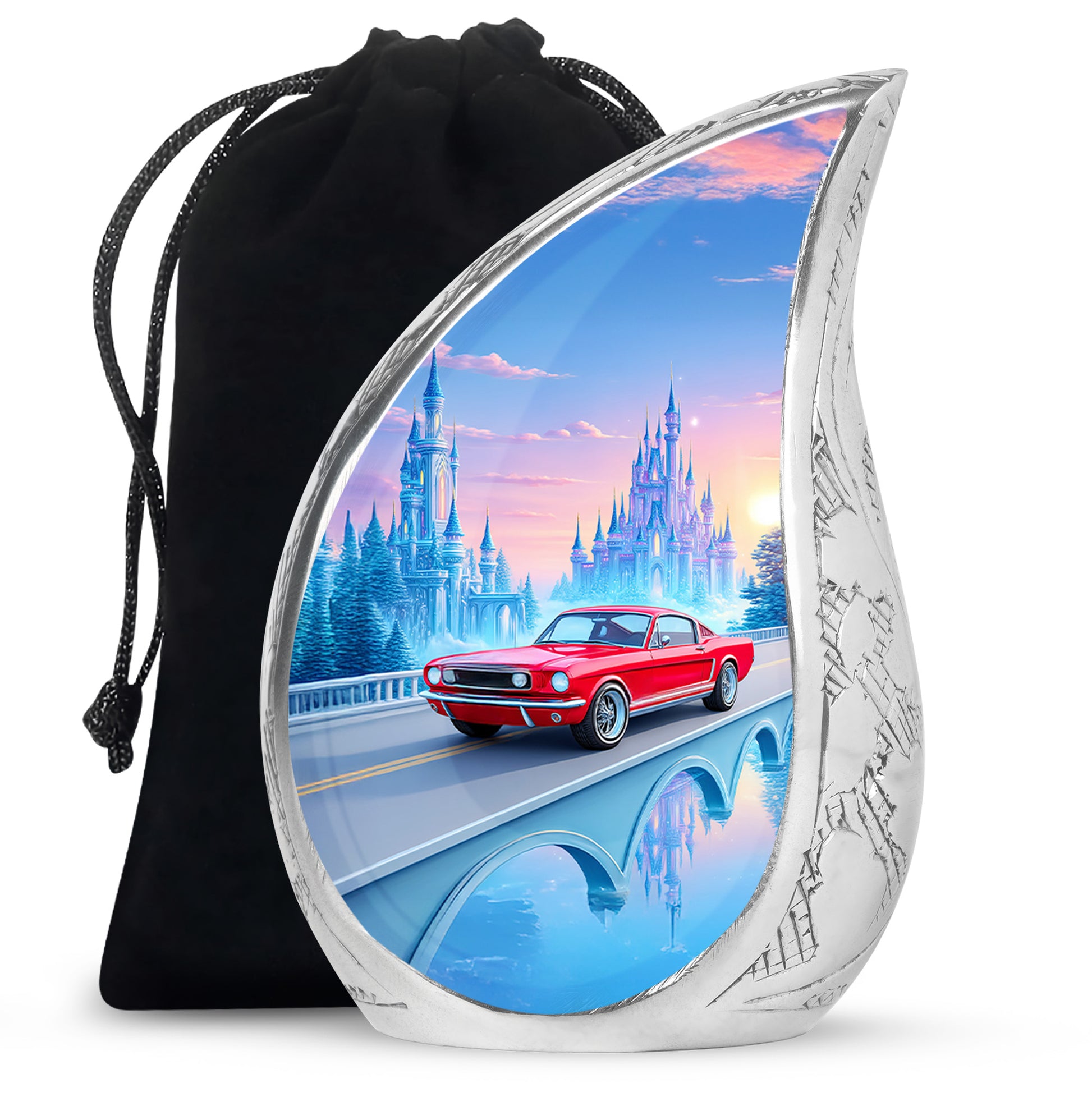 Red Old Car Memorial Urn - Large Aluminium Cremation Urn For Adult Ashes