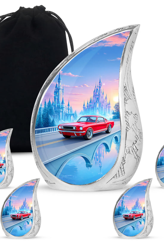 Cobalt Blue Car Cremation Urn side profile showing urn shape - graceful tear-shaped urn with car motif - memorial set with one large and four small urns