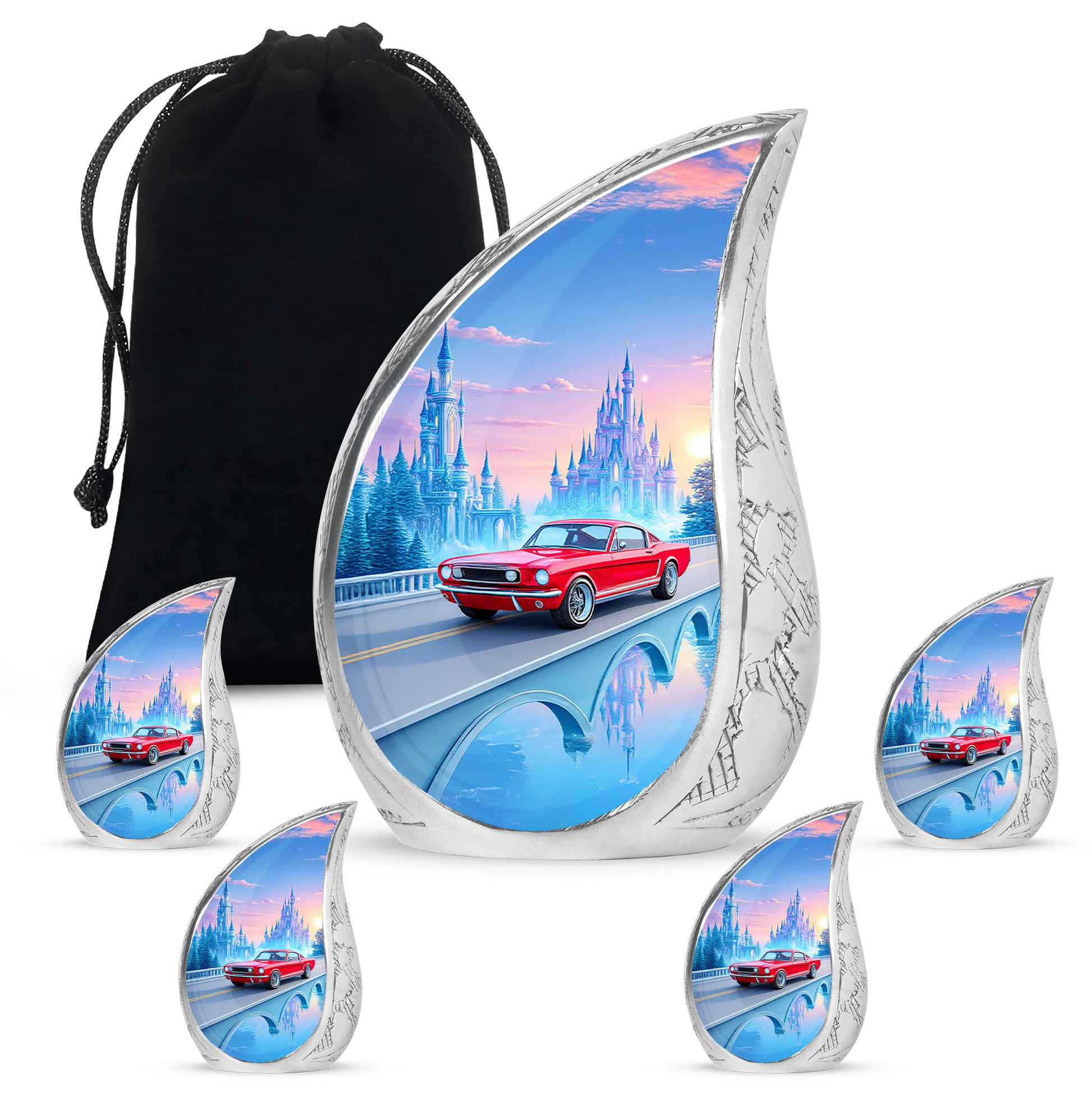 Cobalt Blue Car Cremation Urn side profile showing urn shape - graceful tear-shaped urn with car motif - memorial set with one large and four small urns