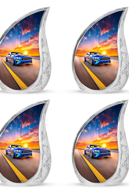 Pastel Blue Car Cremation Urn close-up of engraving and surface detail - flowing teardrop car silhouette on curved aluminum - 10 inch aluminum urn for cremated remains