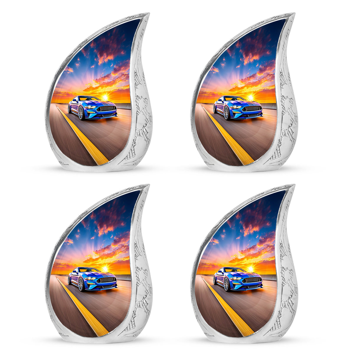 Pastel Blue Car Cremation Urn close-up of engraving and surface detail - flowing teardrop car silhouette on curved aluminum - 10 inch aluminum urn for cremated remains