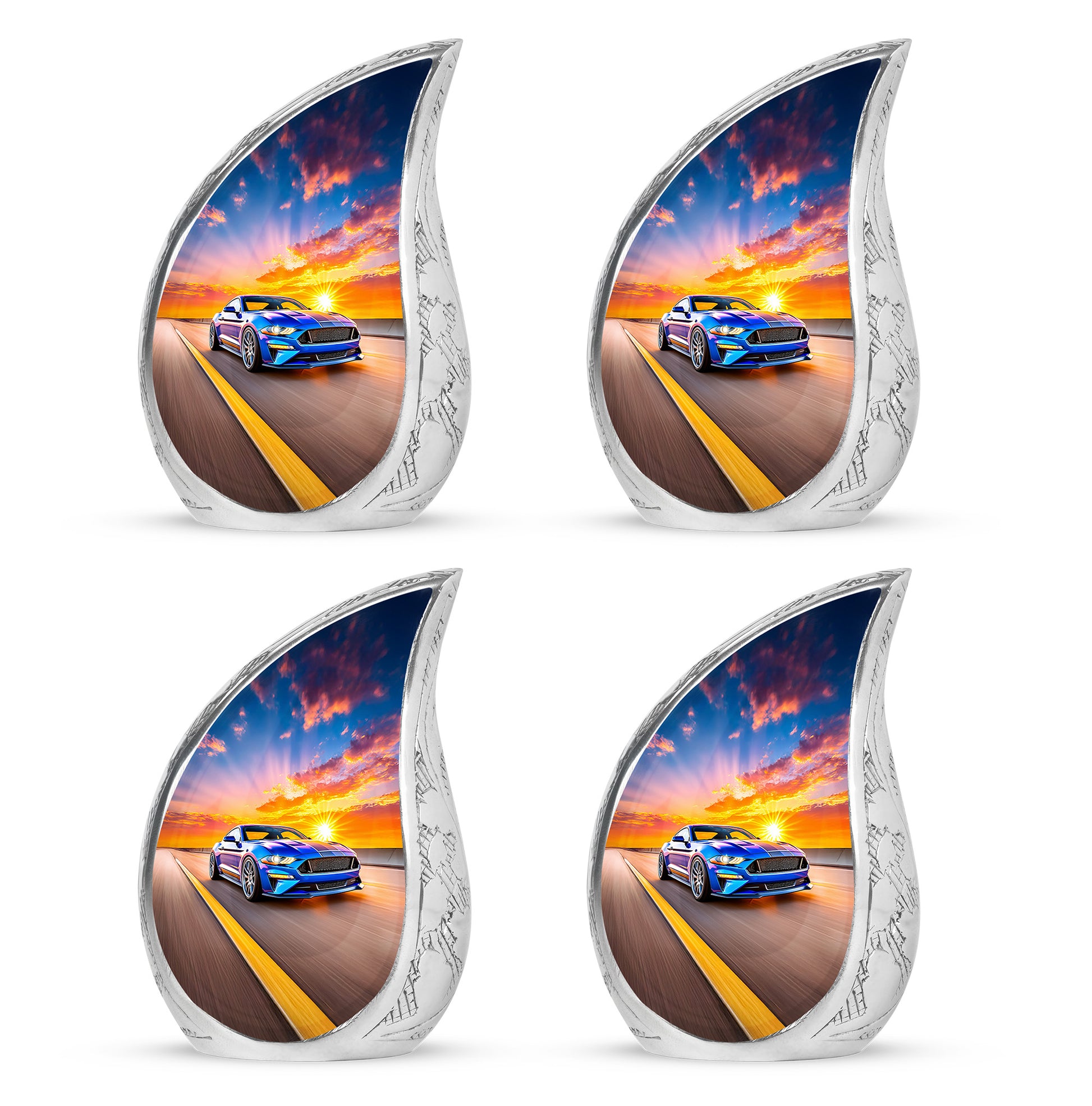 Pastel Blue Car Cremation Urn close-up of engraving and surface detail - flowing teardrop car silhouette on curved aluminum - 10 inch aluminum urn for cremated remains