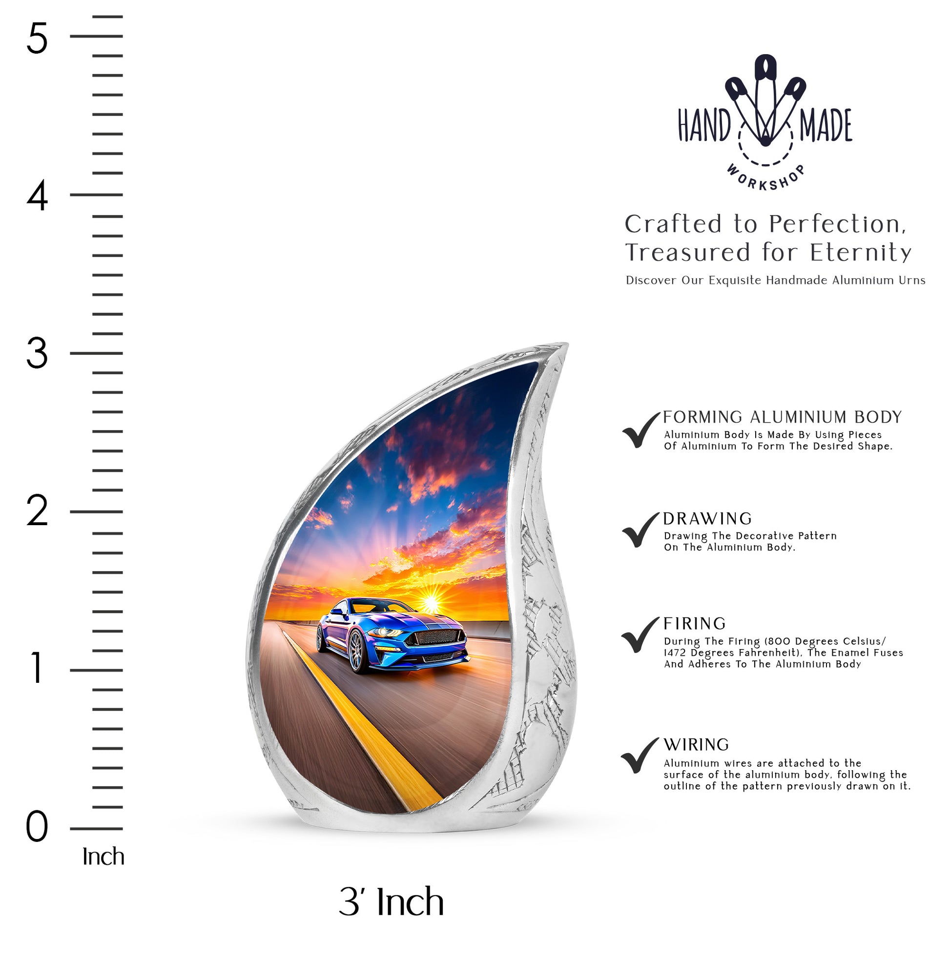 Celestial Blue Car Cremation Urn angled view of lid and engraved motif - rounded teardrop car design with delicate detail - mini keepsake memorial for portion of cremation ashes