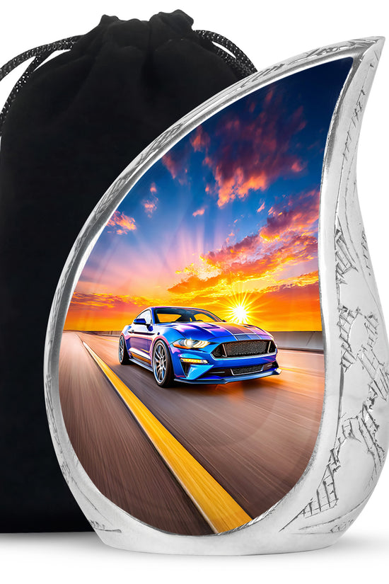 Powder Blue Car Cremation Urn front view showing detailed design - rounded teardrop car design with delicate detail - full-size 10 inch 200 cubic inch adult cremation urn