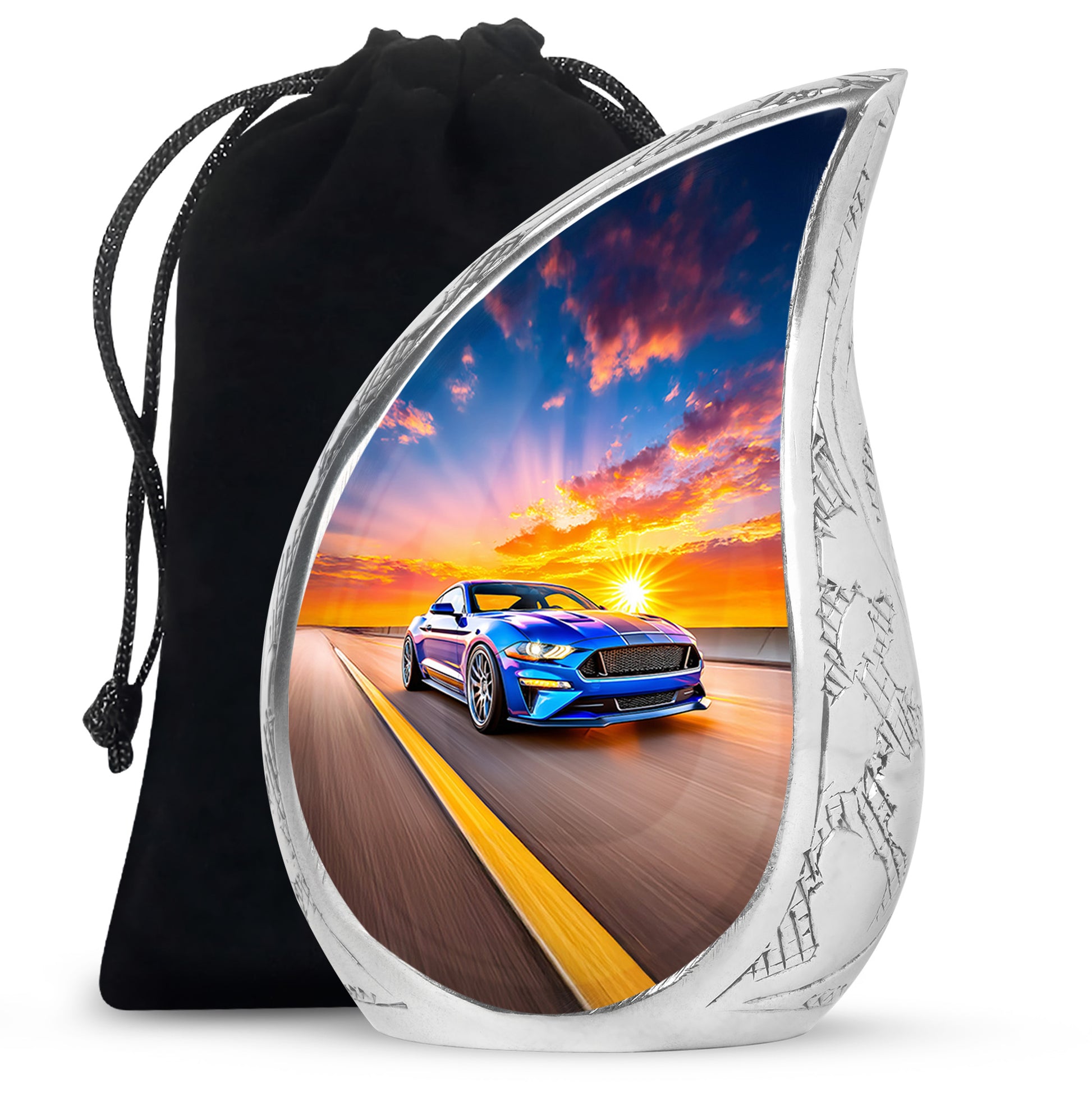 Powder Blue Car Cremation Urn front view showing detailed design - rounded teardrop car design with delicate detail - full-size 10 inch 200 cubic inch adult cremation urn