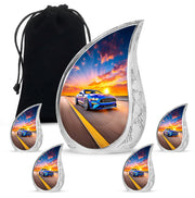 Sky Blue Car Cremation Urn side profile showing urn shape - rounded teardrop car design with delicate detail - memorial set with one large and four small urns